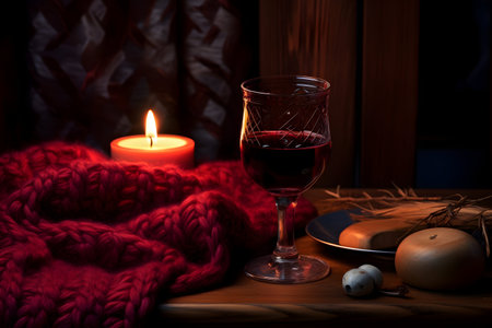 Glass of red wine, knitted scarf and candles on wooden backgroundの素材