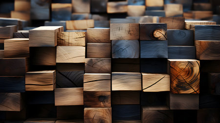 Wooden cubes of different shapes and sizes on a wooden background.の素材