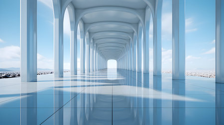 3d render of long corridor with blue sky and white clouds backgroundの素材