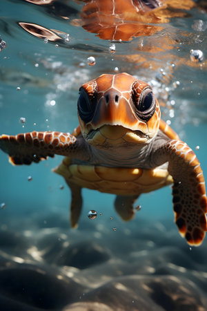 Green Sea Turtle swimming in the sea, close-up underwater viewの素材