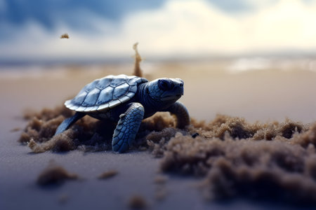 Little baby sea turtle on the beach at sunset, soft focus.の素材