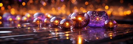 Christmas background with glass balls and bokeh lights. Festive decoration.の素材