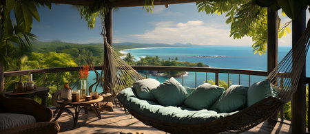 Hammock on the terrace overlooking the sea and island.の素材