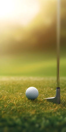Golf ball on green grass with golf club in the background.の素材