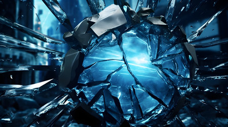 Broken glass on blue background, 3d rendering. Computer digital drawing.の素材