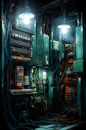 Electrical panel with electric cables and wires in a power plant.の素材