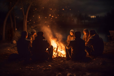 Group of friends sitting by the fire at night. Camping concept.の素材