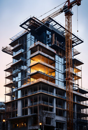 Multi-storey building under construction with cranes at sunset.の素材