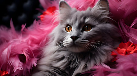 Beautiful cat with pink feathers on black background, close-upの素材
