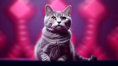 Cute british shorthair cat on a purple background.の素材
