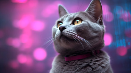 Portrait of a gray cat on a background of pink bokehの素材