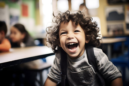 Portrait of a little boy laughing in a classroom at school.の素材