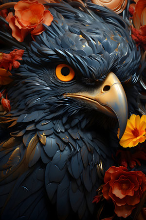 eagle head with flowers in the background. 3d illustration.の素材