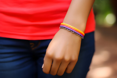 Close up of a woman's hand wearing bracelets and red t-shirtの素材