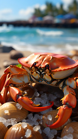 Close-up of a red crab on the beach with sea shellsの素材