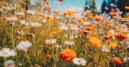 Colorful wildflowers in the meadow, vintage toned