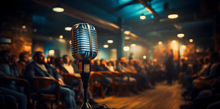 Retro microphone in a conference hall or seminar room, vintage styleの素材