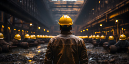 Rear view of a male engineer wearing a hardhat standing in front of the construction site.の素材