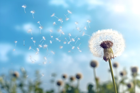 Dandelion seeds flying in the wind. 3d rendering.の素材