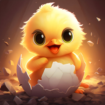 Cute yellow chicken sitting in cracked eggshell. Easter background.の素材
