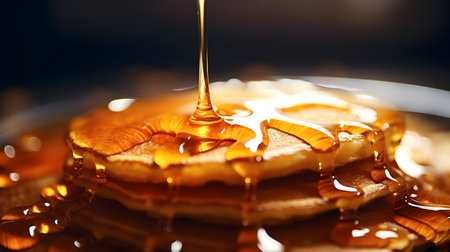 Pancakes with honey on a dark background, close-upの素材