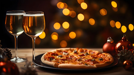 Pizza and two glasses of wine on bokeh background.の素材