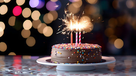 Birthday cake with burning candles and confetti on bokeh backgroundの素材