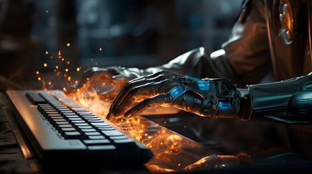 Close-up of robot hands working on a computer keyboard. 3d rendering.の素材