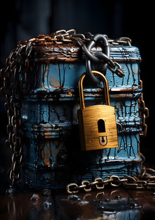 Cyber security and data protection concept. Closed padlock on rusty steel barrelの素材