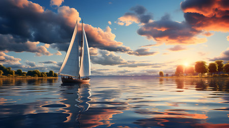 Sailing boat on the sea at sunset. 3d render.の素材