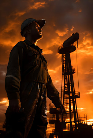 Silhouette of oil worker at work in oilfield against sunsetの素材
