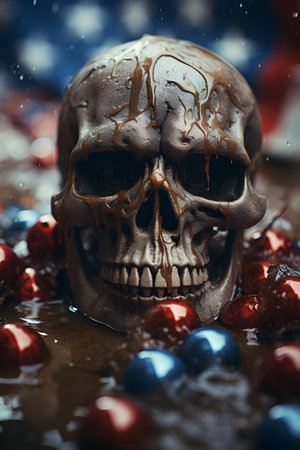 Skull and red and blue candies on dark background. Halloween concept.の素材