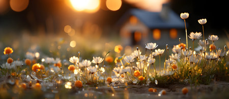 beautiful daisies on the background of the house at sunsetの素材
