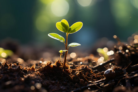 Green seedling illustrating concept of new life in early stage of lifeの素材