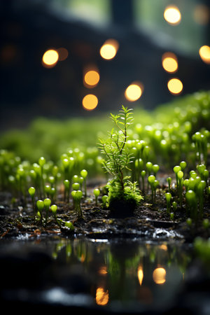 Young green sprouts growing on wet soil with bokeh backgroundの素材