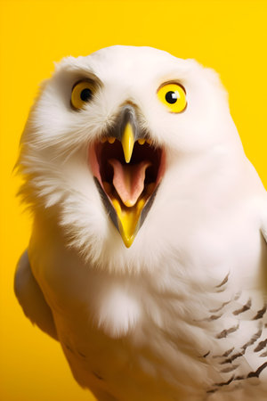 White owl with yellow eyes on a yellow background. Close-up.の素材