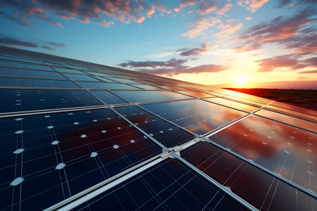 solar energy panels at sunset, 3d render, square imageの素材