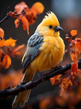 beautiful yellow bird sitting on a branch in the autumn forest.の素材