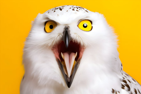 Close up of a Snowy Owl with open mouth on yellow backgroundの素材