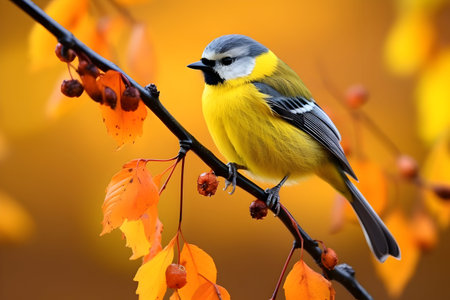 Great tit (Parus major) perched on a branch with colorful autumn leavesの素材
