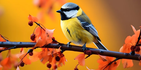 Great tit on a branch of a tree with yellow leaves in autumnの素材