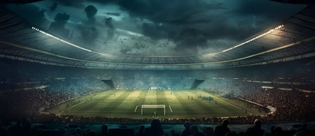 View of a large football stadium during a soccer match. Mixed mediaの素材
