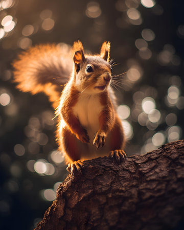 Squirrel on a tree in the forest with bokeh backgroundの素材