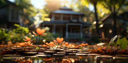 Paper flowers and house in the garden. 3d illustration. Selective focus.の素材