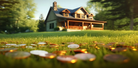 House on the grass with coins. The concept of real estate, mortgage, investment.の素材