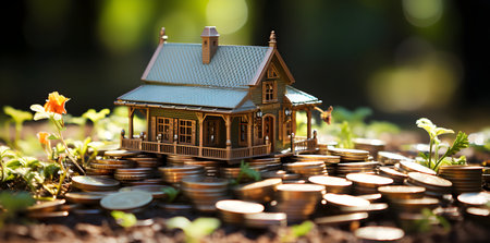 Miniature house and coins on green background. Real estate concept.の素材