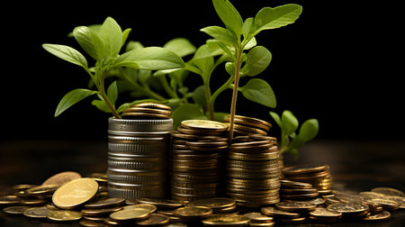 Green plant growing out of coins on a dark background. Financial concept.の素材