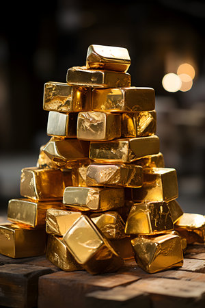 Stack of gold bars on a wooden table in a restaurant, closeupの素材