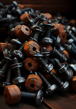 Pile of old rusty bolts and nuts on a wooden background.の素材