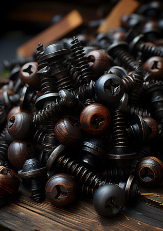 Close-up of a pile of old wooden screws. Selective focus.の素材